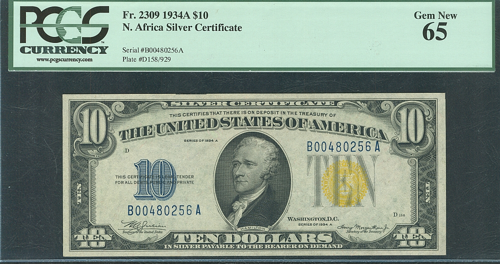 Fr.2309, 1934A, $10 North Africa Silver Certificate, B00450256A, GemCU, PCGS-65
